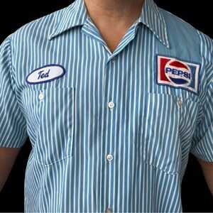 Vintage 70s Pepsi Work Shirt Button Front Patches Hickory Stripe 16-16.5 Large
